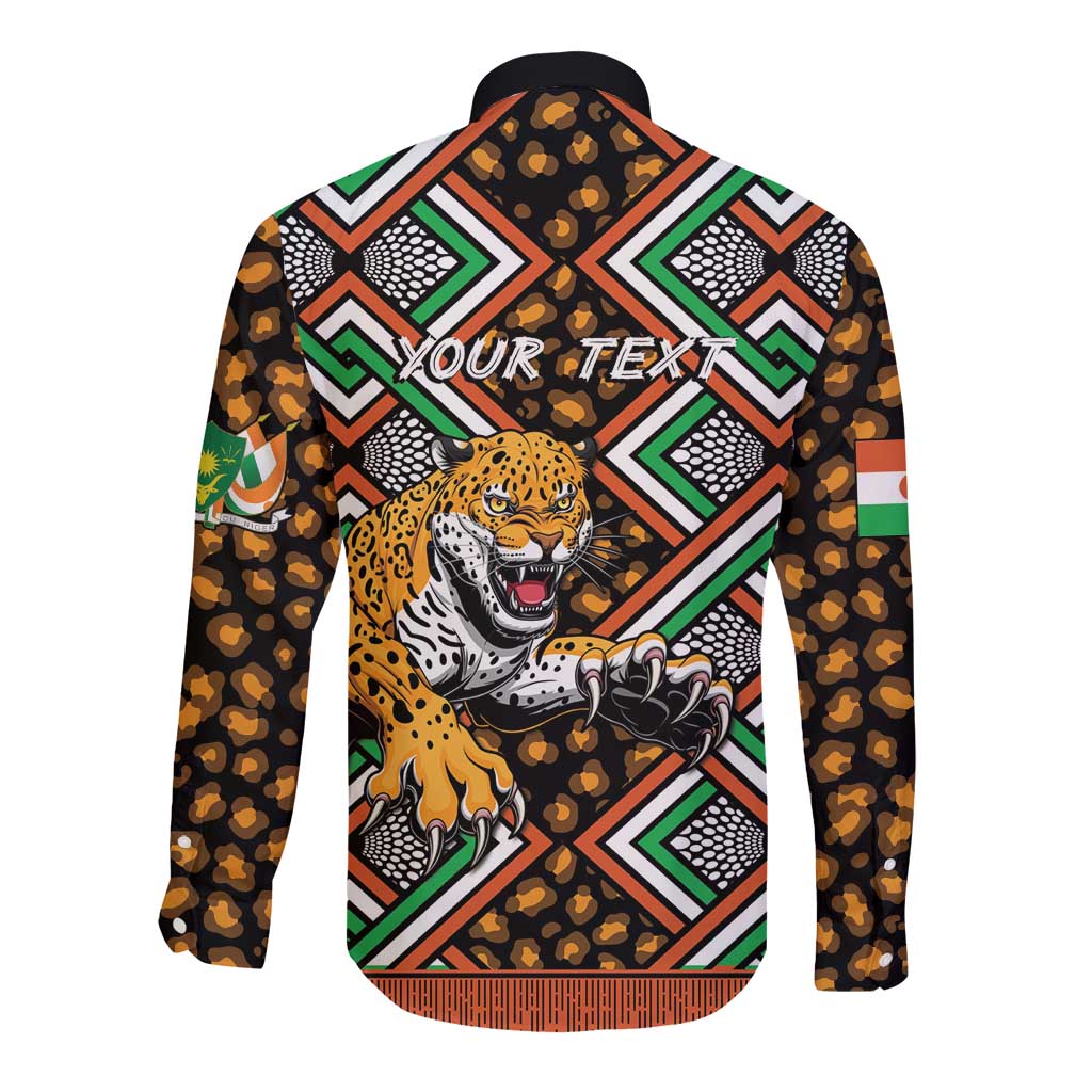 Black long sleeve button shirt with back leopard graphic and geometric African pattern