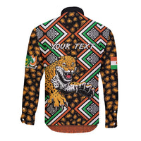 Black long sleeve button shirt with back leopard graphic and geometric African pattern