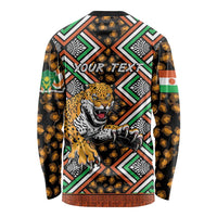 Unisex black long-sleeve shirt with leopard graphic and YOUR TEXT on back