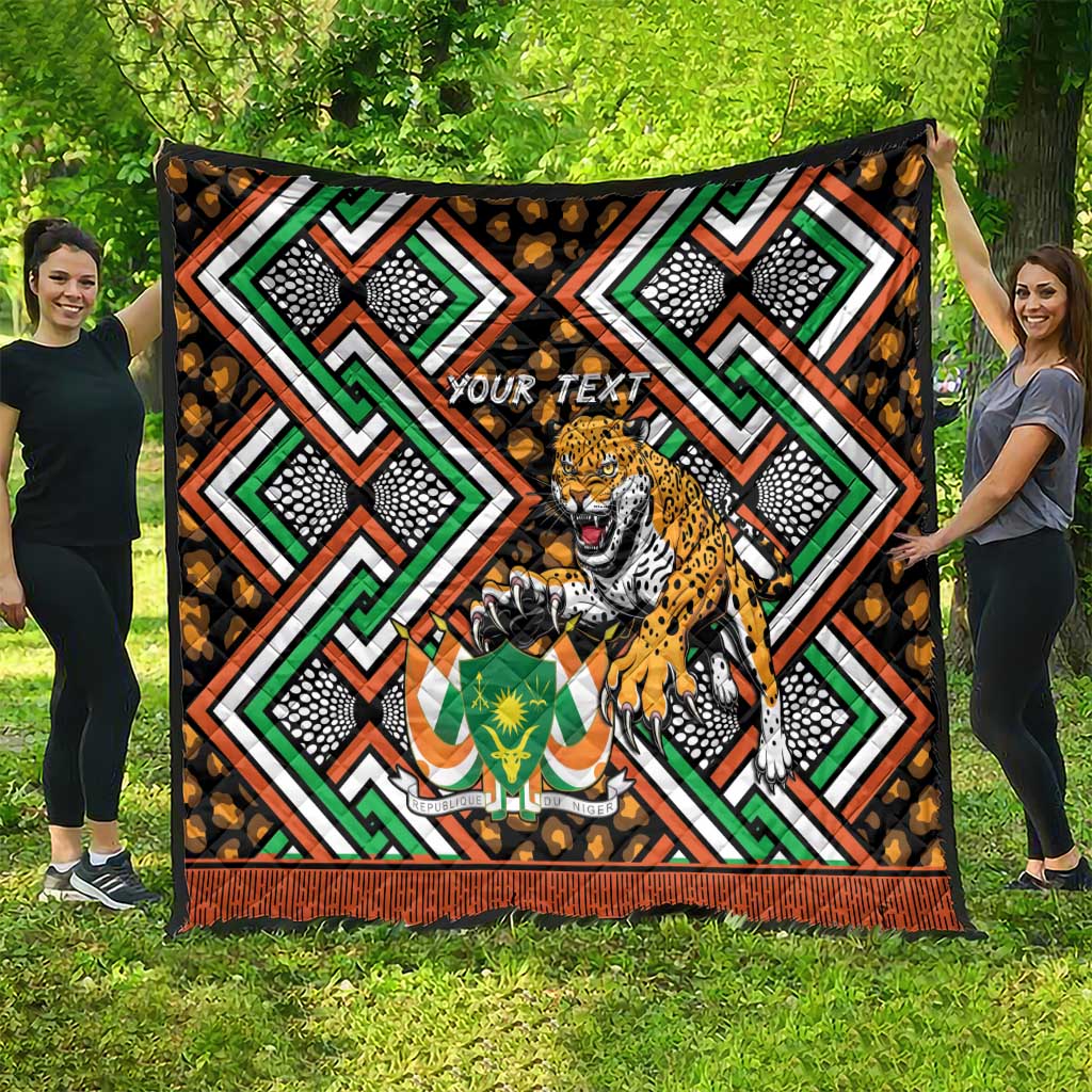 Personalized quilt blanket featuring leopard face with green, orange, black geometric blocks