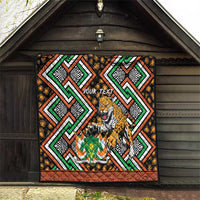 Leopard motif personalized quilt blanket with green, orange, black geometric design