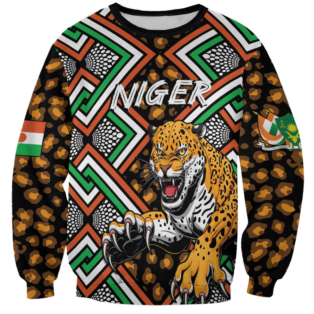 Unisex black sweatshirt with leopard graphic and colorful African geometric pattern