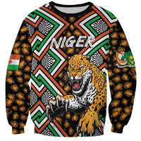 Unisex black sweatshirt with leopard graphic and colorful African geometric pattern