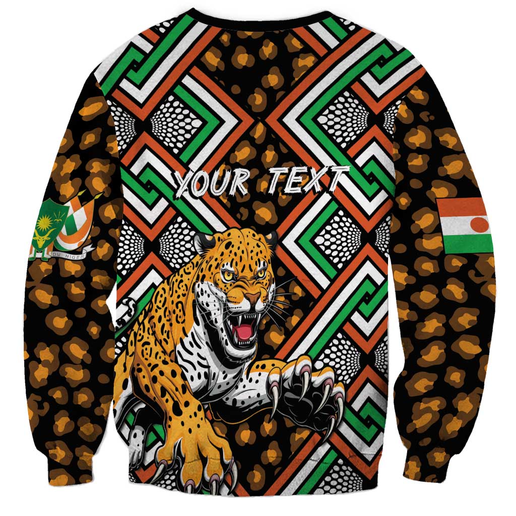 Unisex black sweatshirt with leopard graphic and 'Your Text' on geometric pattern