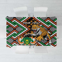 Leopard-themed African pattern tablecloth with multicolor geometric border and “YOUR TEXT”