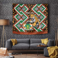 Personalized tapestry: leopard with 'Your Text' over bold geometric pattern in green/orange