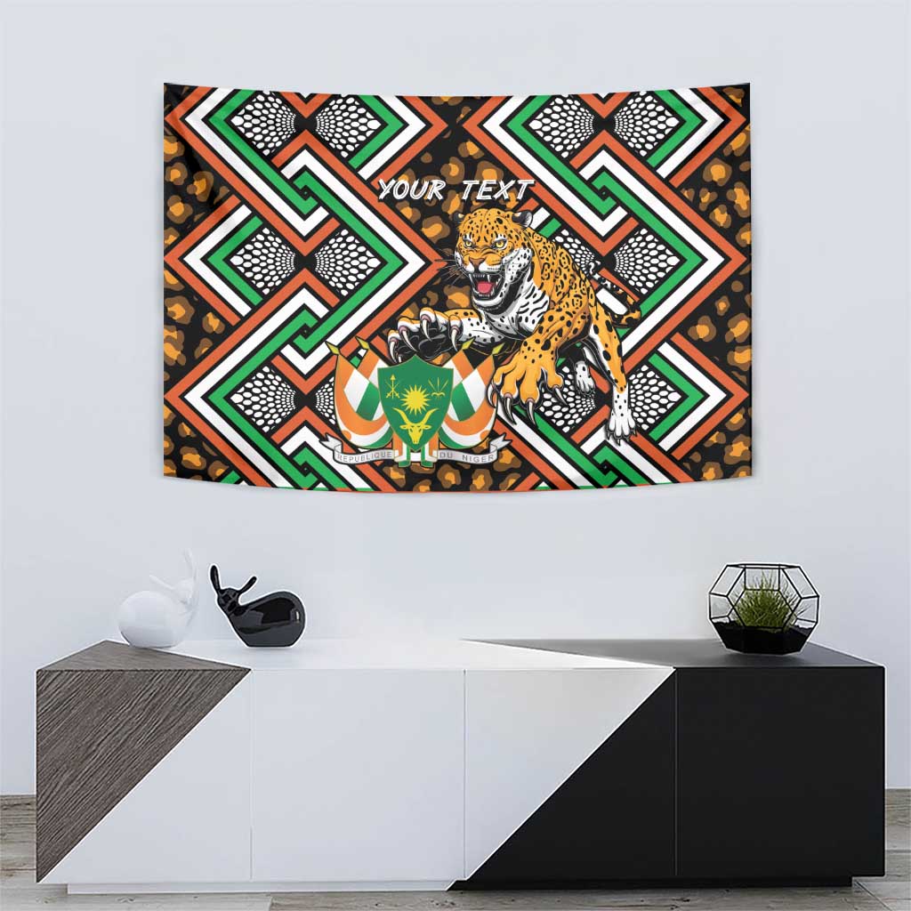 Personalized wall tapestry featuring leopard artwork and 'Your Text' on geometric border