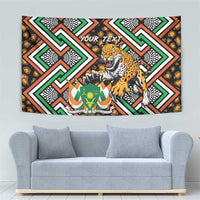 Personalized tapestry with roaring leopard, 'Your Text', and green/orange diamond pattern