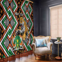 Personalized window curtain panels with leopard artwork and black orange green geometric Ankara print