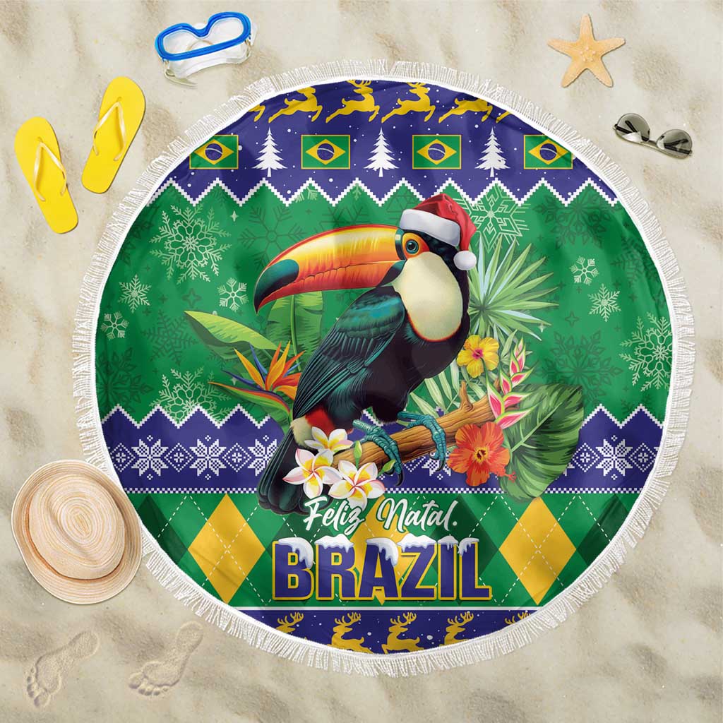 Green round beach blanket with fringe, toucan and “Feliz Natal, Brazil” print