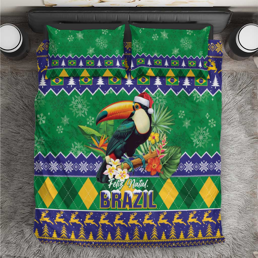 Green Christmas bedding set with toucan art, Brazil lettering, and festive trim