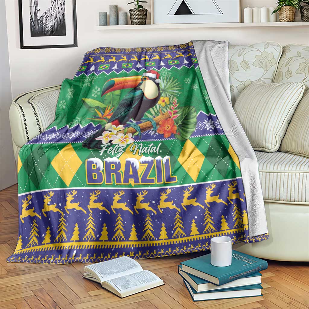 Green Brazil Christmas blanket with colorful toucan and “Feliz Natal! BRASIL” text