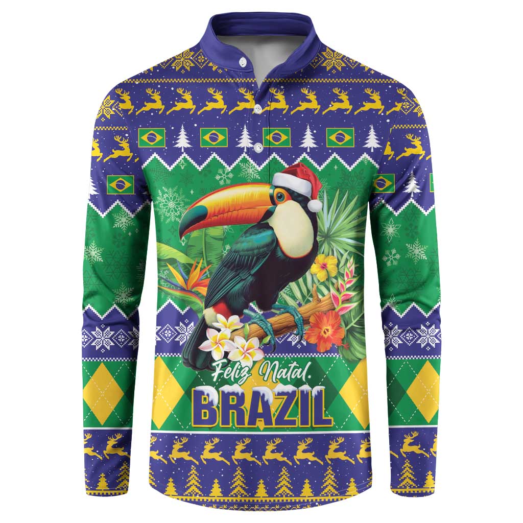 Green and blue toucan holiday button sweatshirt, full front graphic with Brazil text