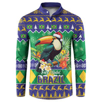 Green and blue toucan holiday button sweatshirt, full front graphic with Brazil text
