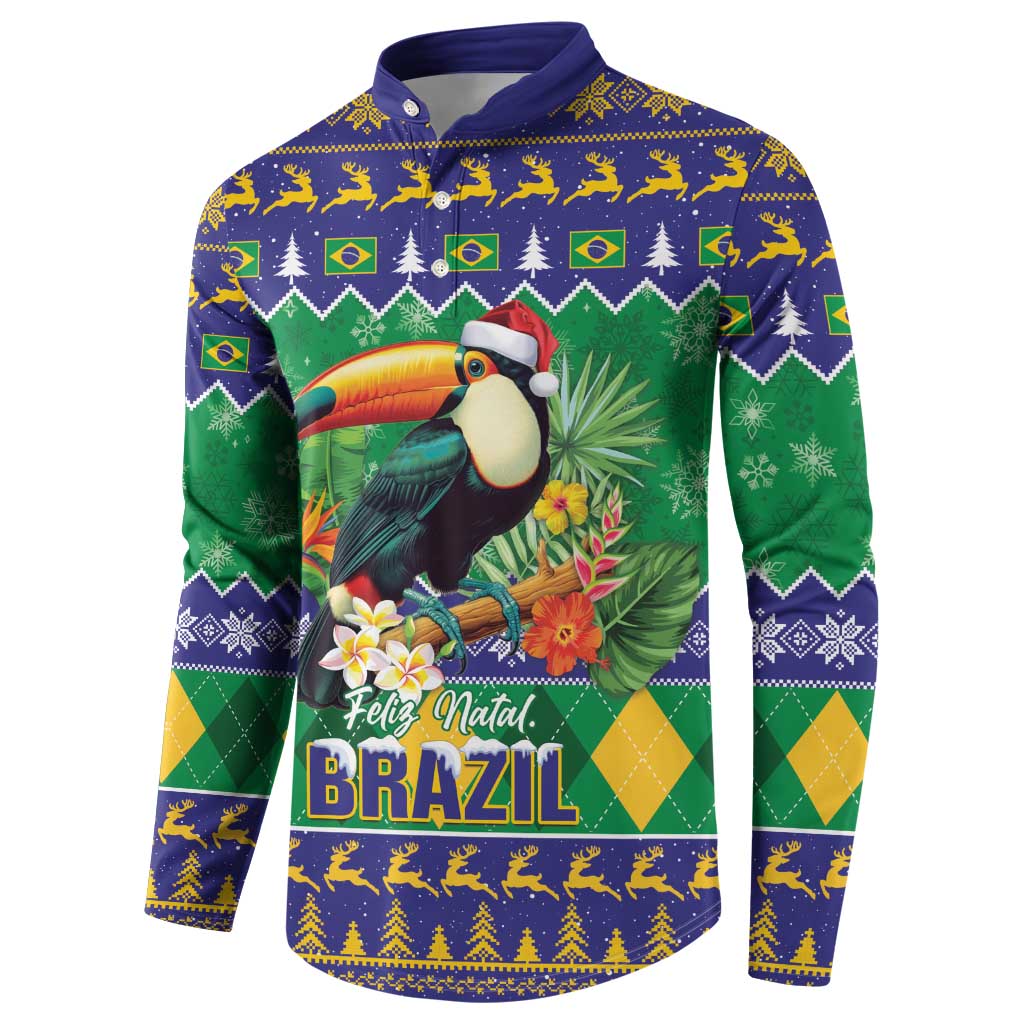 Toucan holiday button sweatshirt in green and blue, centered graphic with Feliz Natal and Brazil