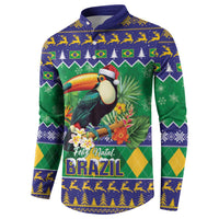 Toucan holiday button sweatshirt in green and blue, centered graphic with Feliz Natal and Brazil