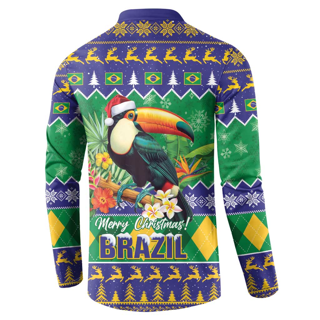 Back view toucan holiday button sweatshirt in green and blue, full graphic with Brazil text