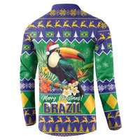 Back view toucan holiday button sweatshirt in green and blue, full graphic with Brazil text