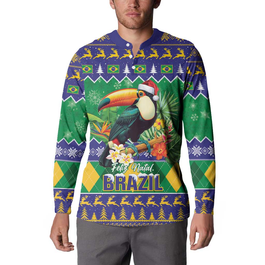 Green and blue toucan holiday button sweatshirt on model, full front print with Feliz Natal