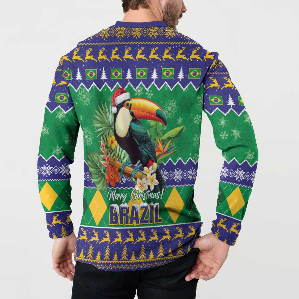 Back view toucan holiday button sweatshirt in green and blue, full graphic with Merry Christmas