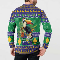 Back view toucan holiday button sweatshirt in green and blue, full graphic with Merry Christmas