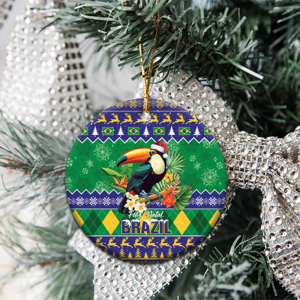 Round ceramic Christmas ornament with toucan and Brazil holiday design, hanging gold cord