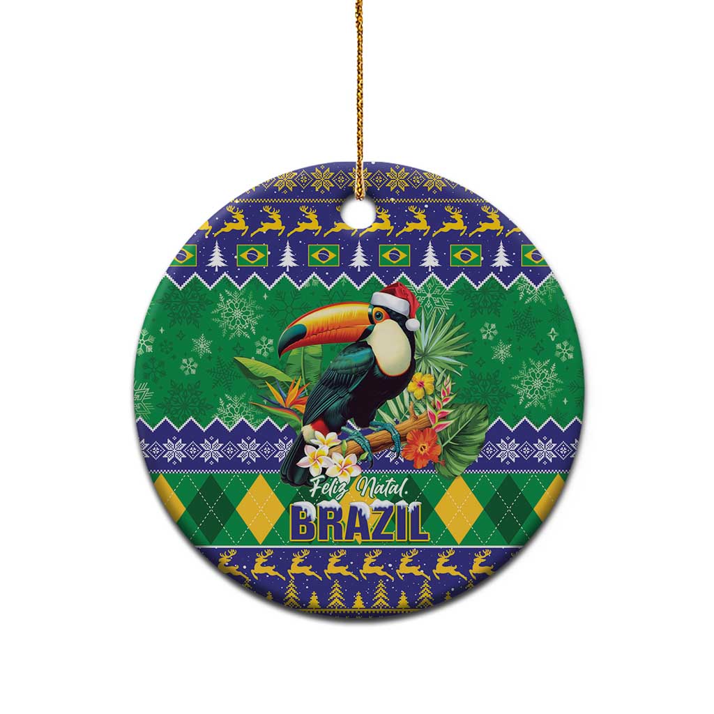 Round ceramic Christmas ornament featuring toucan and Brazil holiday artwork, hanging gold cord