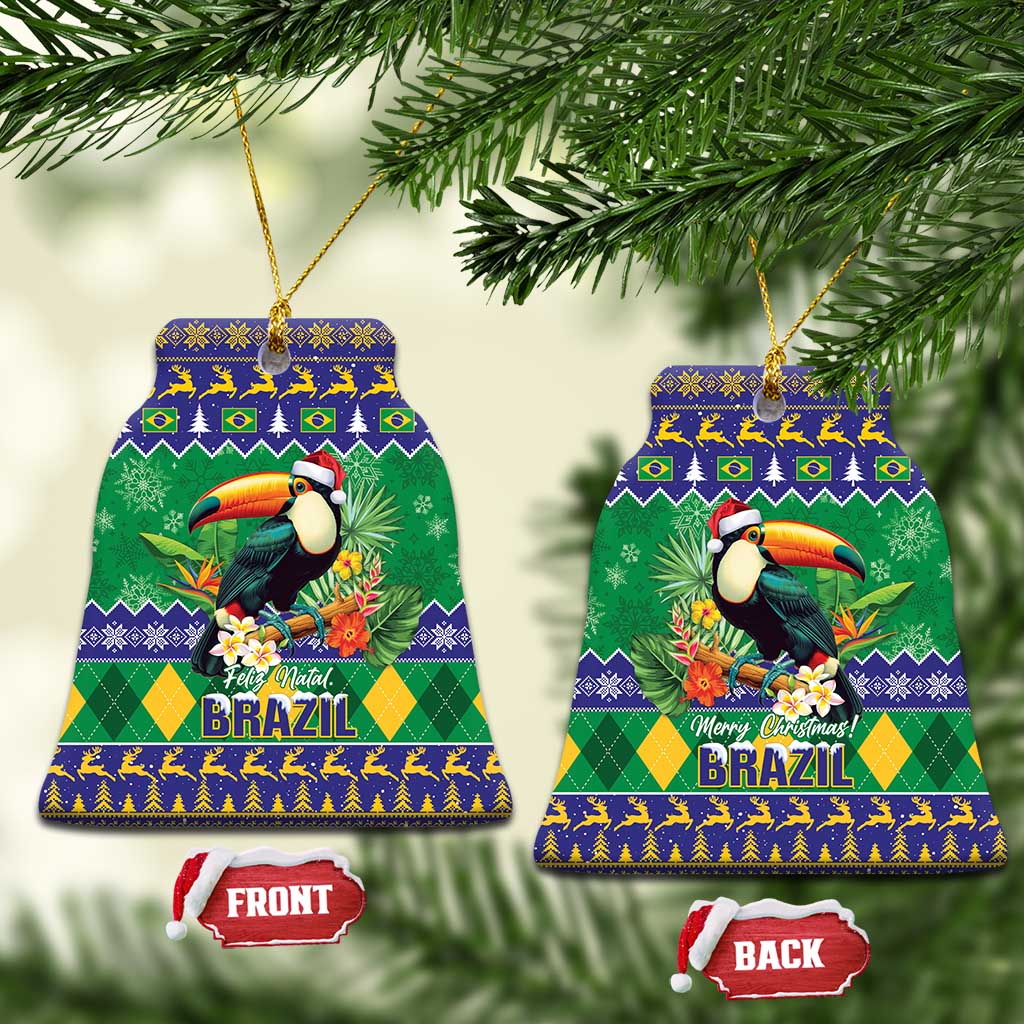 Bell-shaped ceramic Christmas ornament with toucan and Brazil festive pattern, gold hanging cord