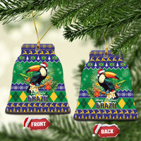 Bell-shaped ceramic Christmas ornament with toucan and Brazil festive pattern, gold hanging cord