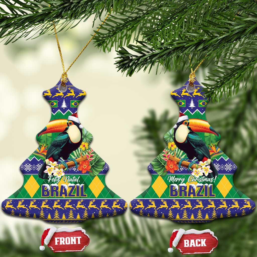 Bell-shaped ceramic Christmas ornament with toucan and Brazil holiday text, gold hanging cord