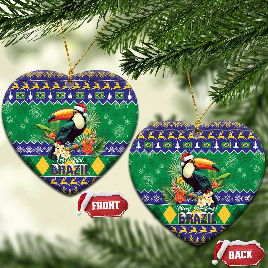 Heart-shaped ceramic Christmas ornament with toucan and Brazil holiday design, gold hanging cord