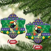 Star-shaped ceramic Christmas ornament with toucan and Brazil festive pattern, gold hanging cord