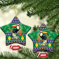 Star-shaped ceramic Christmas ornament with toucan and Brazil holiday text, gold hanging cord