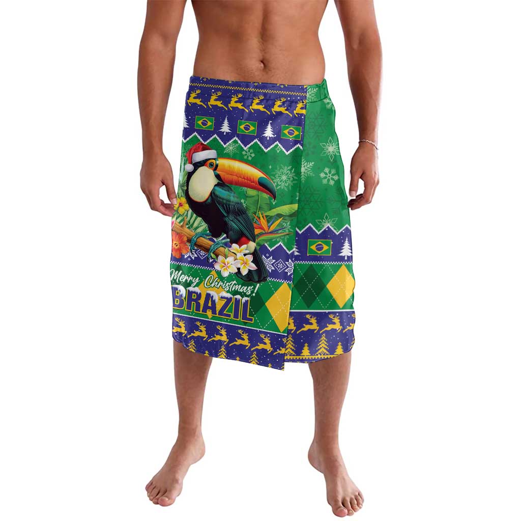 Green Christmas lavalava sarong with toucan, Brazil print, and festive border