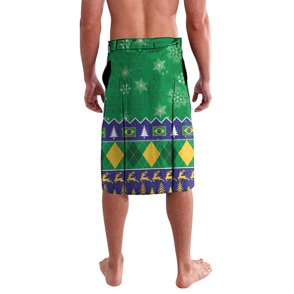 Green Christmas lavalava sarong with snowflakes, trees, and Brazil flag patchwork