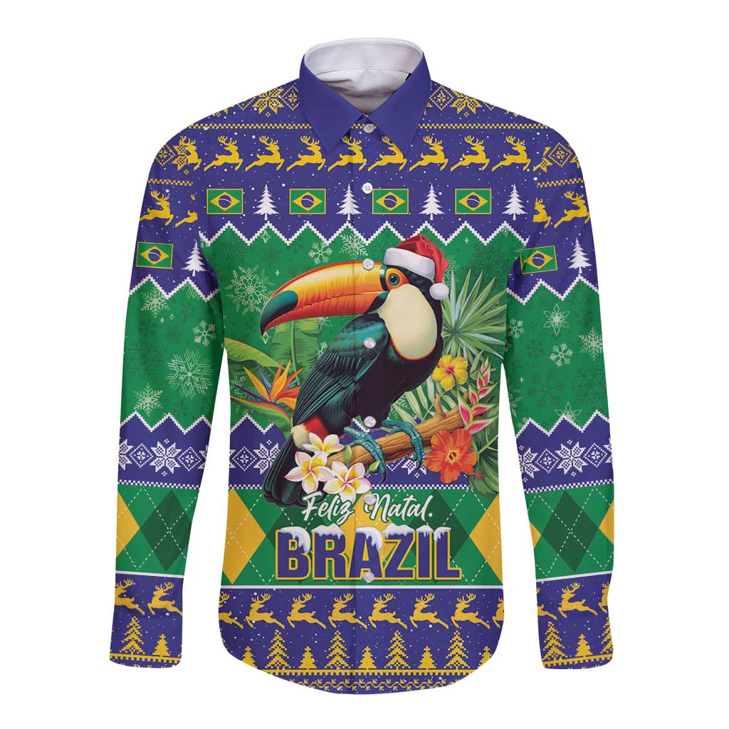 Green long-sleeve button shirt with colorful toucan and festive Brazil print