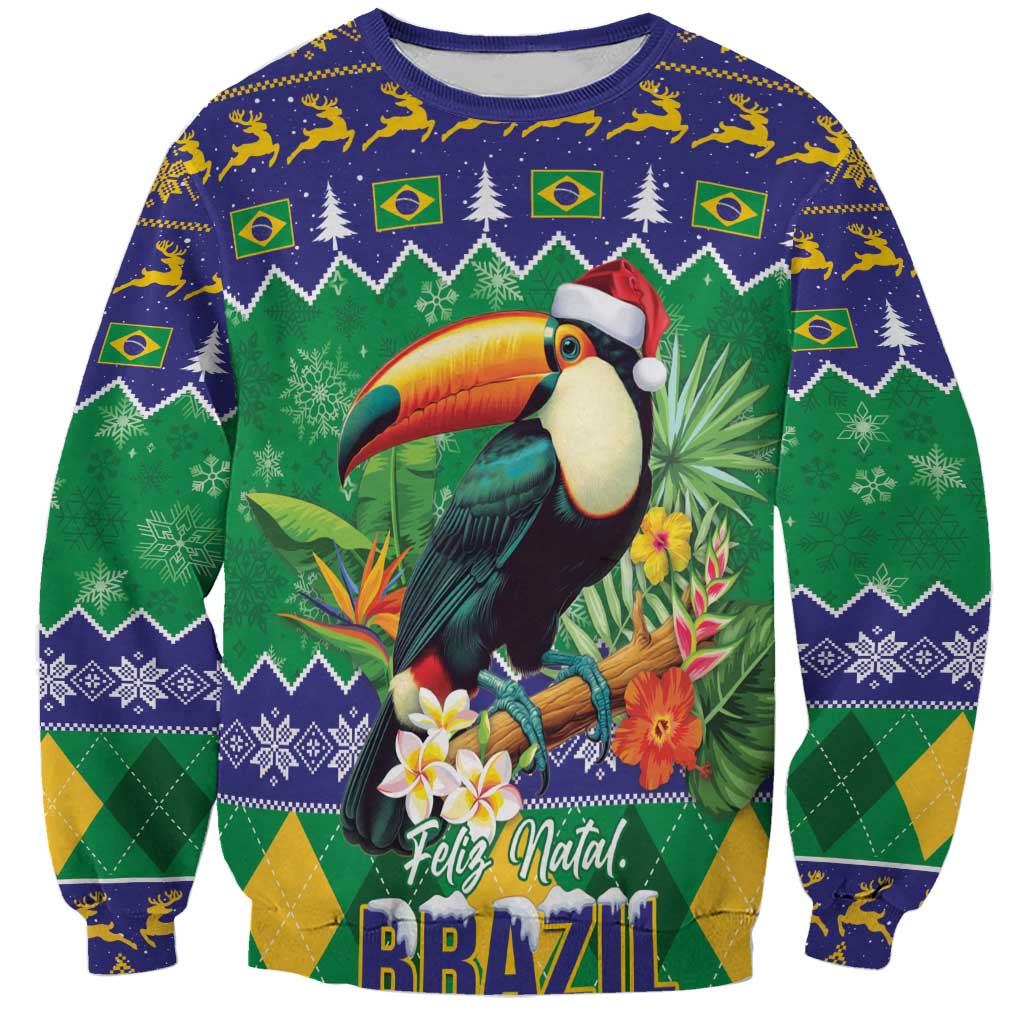 Unisex Christmas sweatshirt with toucan, Feliz Natal text, Brazil graphics, green and navy