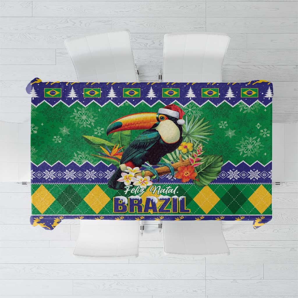 Green Christmas tablecloth with toucan and "Feliz Natal Brazil" lettering