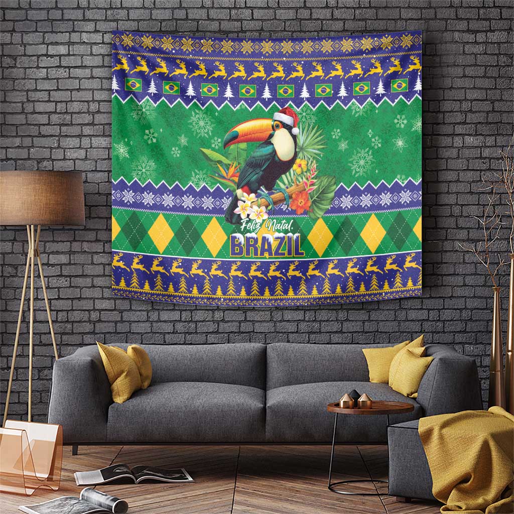 Green Christmas wall tapestry with toucan, Brazil lettering, and festive patterned border