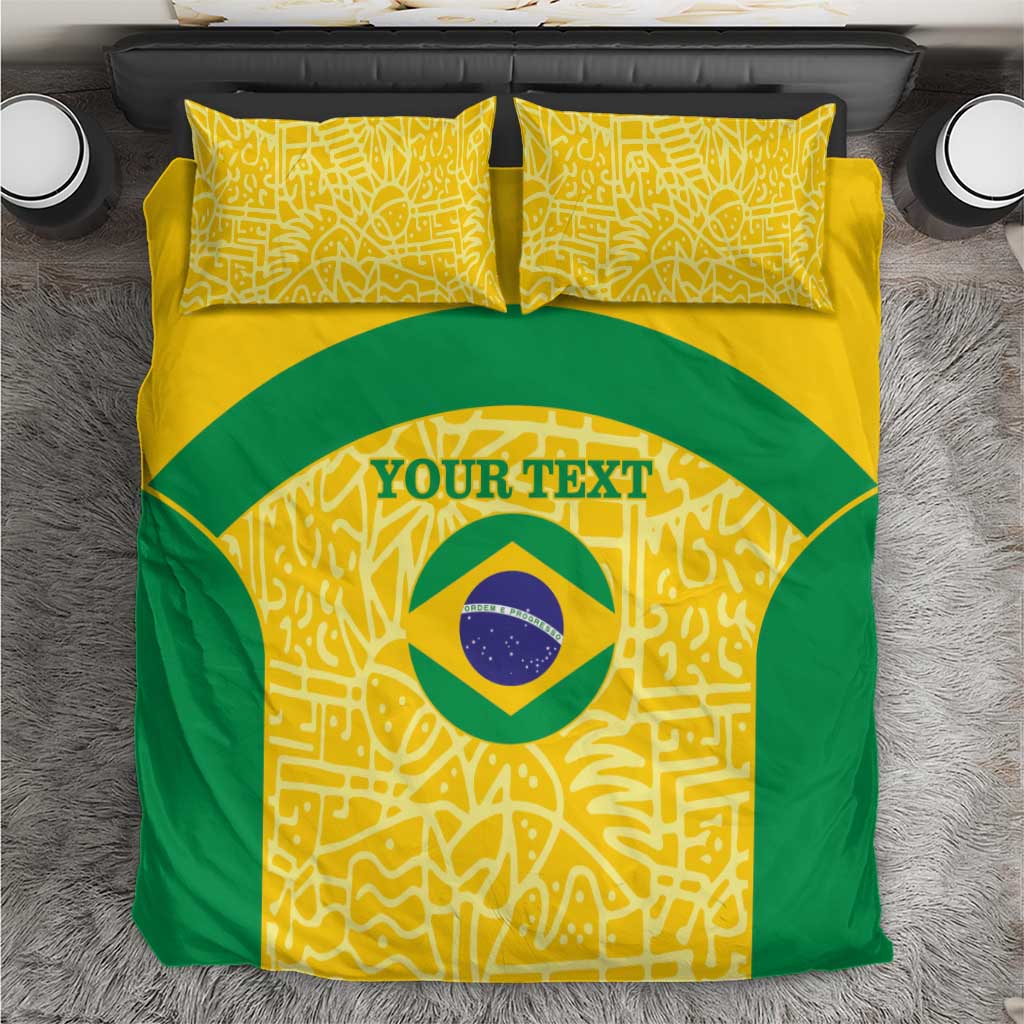 Brazil flag football bedding set, yellow and green duvet with circular logo and 'YOUR TEXT'.