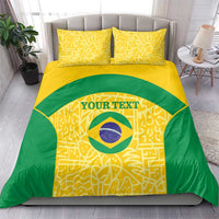 Brazil flag football bedding set with yellow and green duvet and two matching yellow logo pillows.