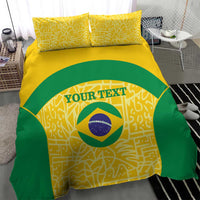 Brazil flag football bedding set, yellow and green duvet featuring circular logo and 'YOUR TEXT'.