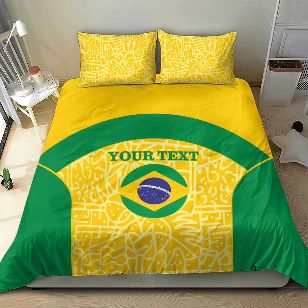 Brazil flag football bedding set, yellow and green duvet with circular logo print and 'YOUR TEXT'.