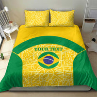 Brazil flag football bedding set, yellow and green duvet with circular logo print and 'YOUR TEXT'.