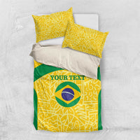 Brazil flag football bedding set with yellow and green duvet and two yellow logo pillowcases.