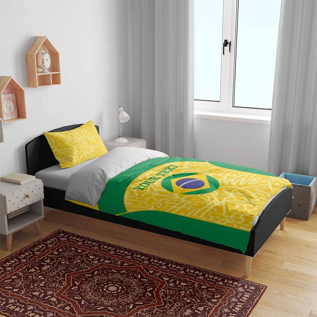 Brazil flag football bedding set, yellow and green duvet with circular logo and 'YOUR TEXT'.