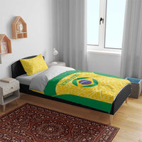Brazil flag football bedding set, yellow and green duvet with circular logo and 'YOUR TEXT'.