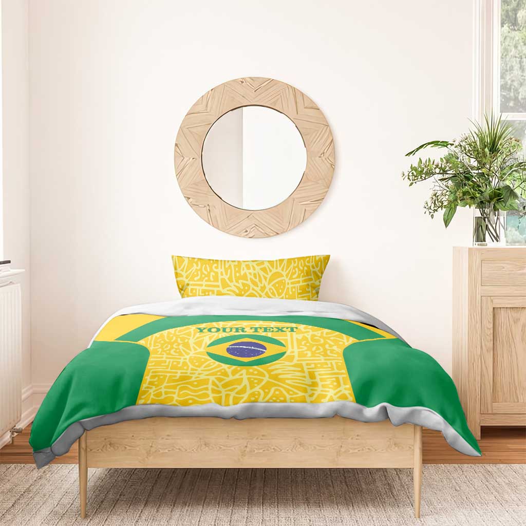 Brazil flag football bedding set with yellow and green duvet and matching yellow logo pillowcases.