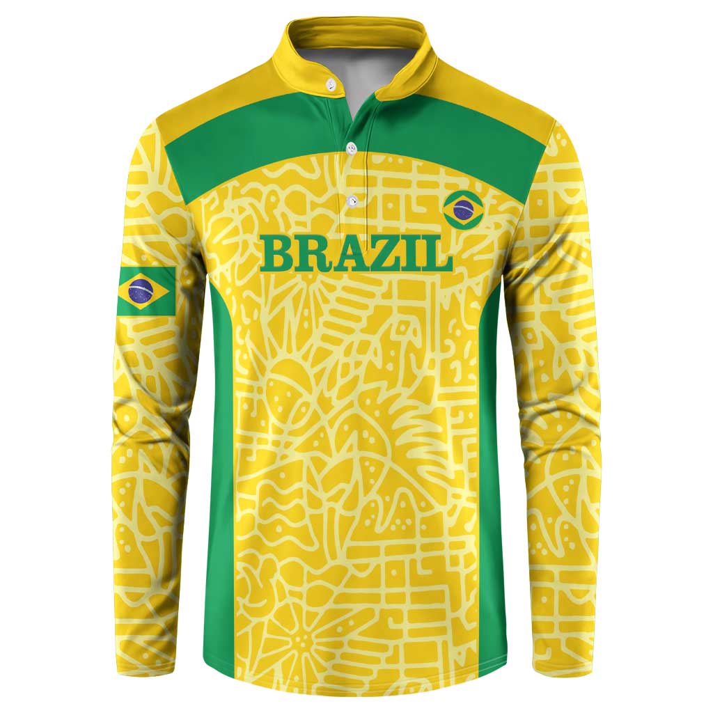 Yellow and green Brazil football button sweatshirt with long sleeves and front placket
