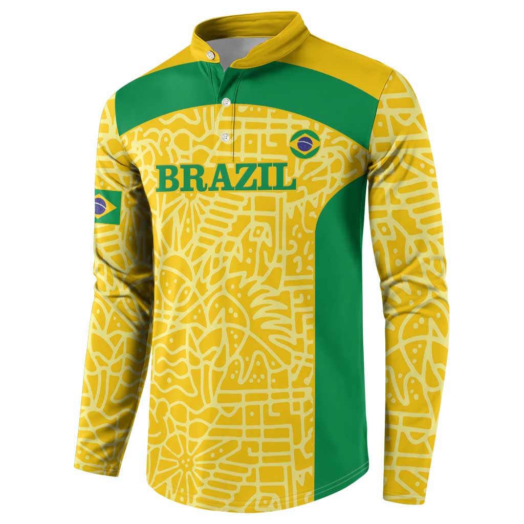 Yellow and green football button sweatshirt, back shows YOUR TEXT 14 and Brazil crest